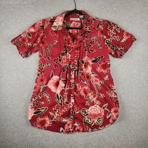 Vintage Denim 24/7 Top Womens Size 16w Red Burnout Velvet‎ Flowers Pleated Front